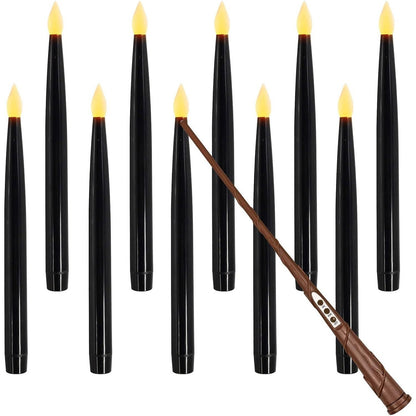 Leejec Floating Candles With Magic Wand Remote (6/18H Timer), 10pcs Of 10.8 Hanging Flameless Taper Candles, Flickering Warm White LED, Halloween Decorations, Home Decor, Witch Wizard Gift (Black),