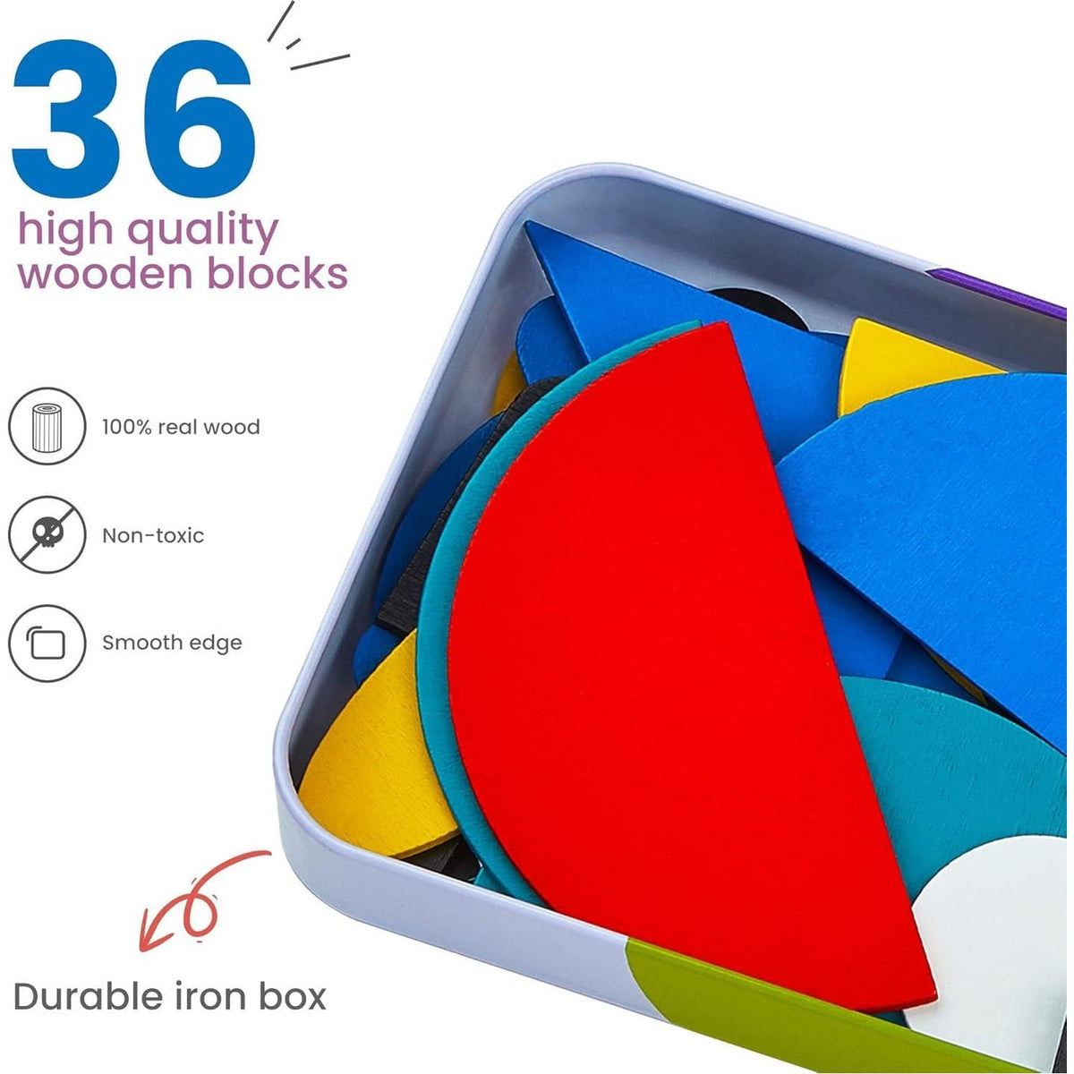Likee Wooden Shape Puzzle Set, 36 Blocks + 60 Cards, Montessori Toys for Toddlers 3–8, Educational & Travel Friendly