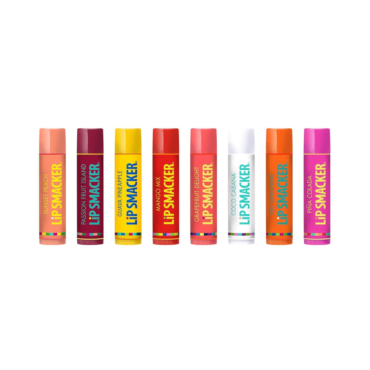 Lip Smacker Flavored Lip Balm Tropic Fever 8 Count (Pack Of 1), Passion Fruit, Peach, Breezey-Teazey, Pina Colada, Grapefruit, Coca Cabana, Tangerine, Mango, Clear,