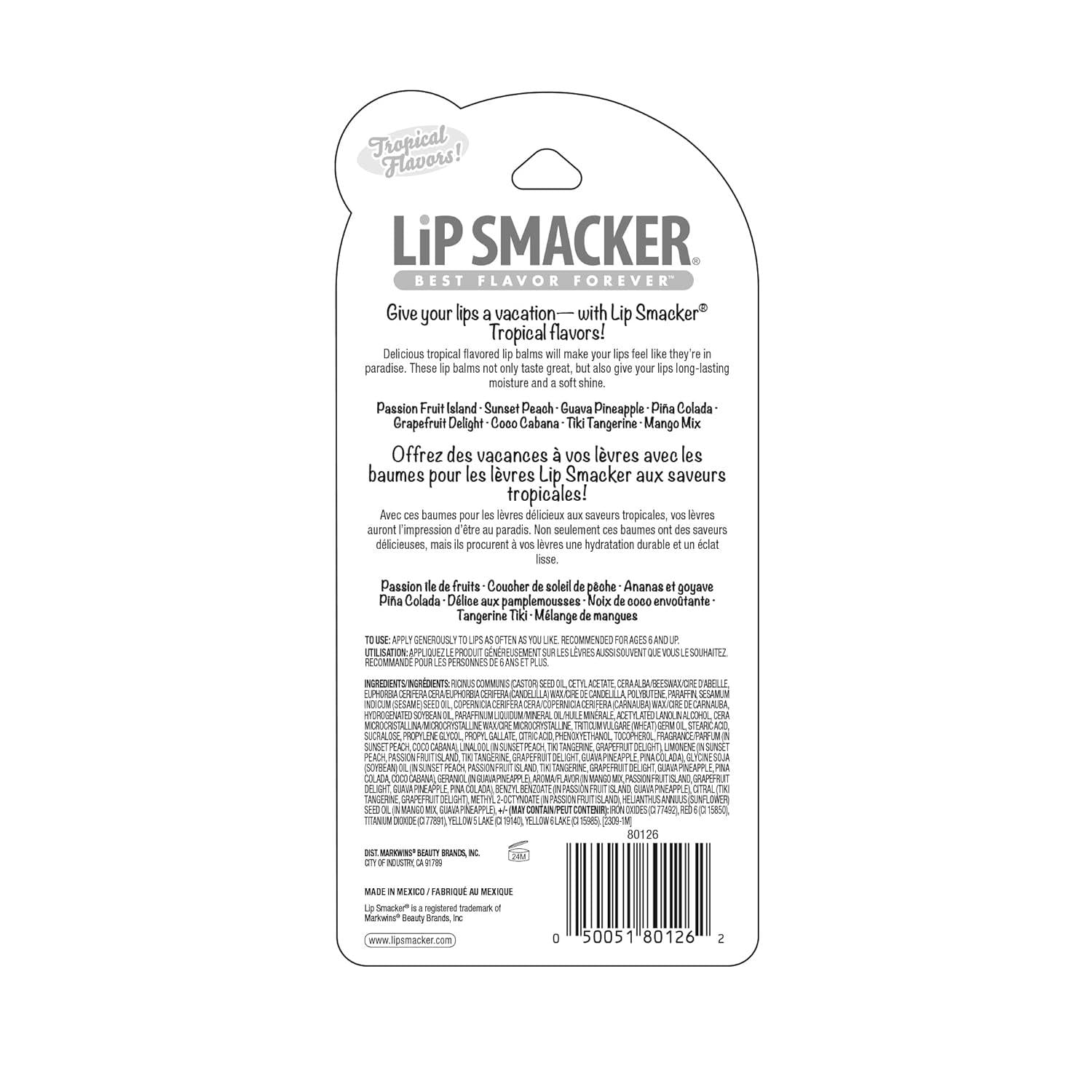 Lip Smacker Flavored Lip Balm Tropic Fever 8 Count (Pack Of 1), Passion Fruit, Peach, Breezey-Teazey, Pina Colada, Grapefruit, Coca Cabana, Tangerine, Mango, Clear,