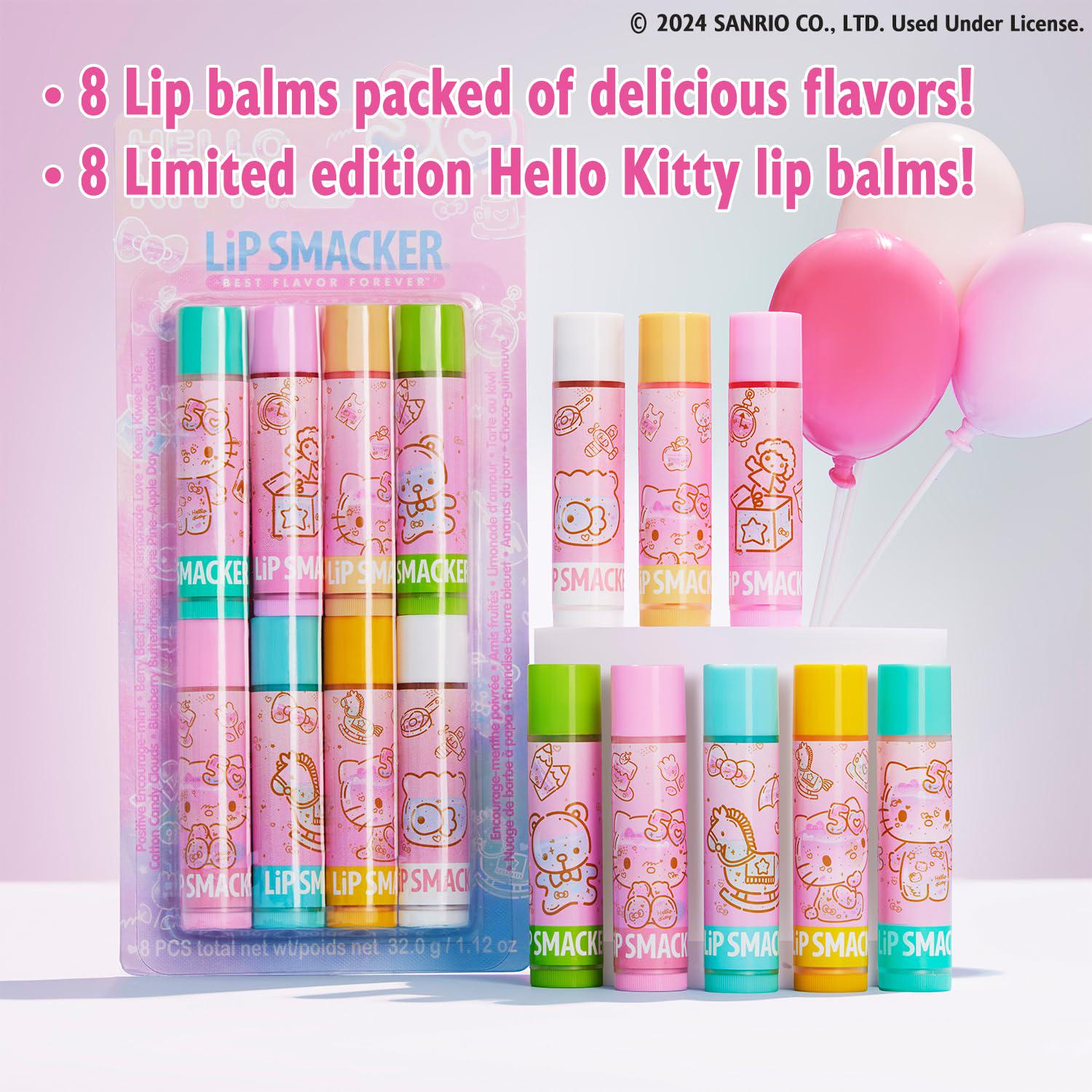 Lip Smacker Hello Kitty 50th Anniversary 8-Piece Lip Balm Party Pack - Super Sweet Flavors, Moisturizing, Sweet Silky Smooth Gliding Application, Perfect For Gifting,