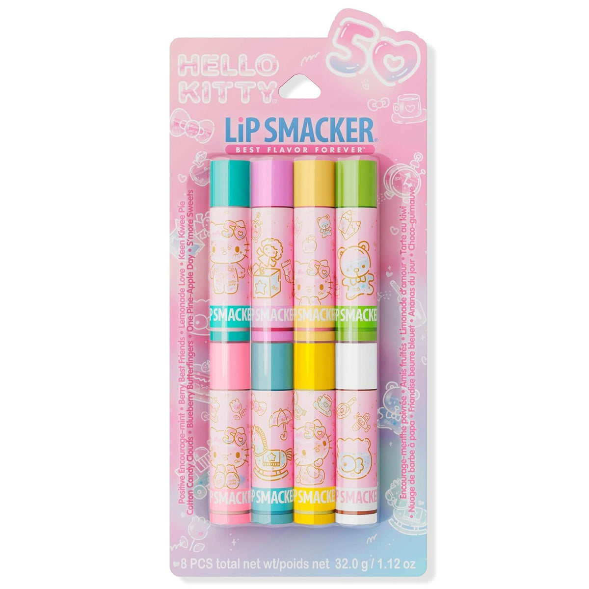 Lip Smacker Hello Kitty 50th Anniversary 8-Piece Lip Balm Party Pack - Super Sweet Flavors, Moisturizing, Sweet Silky Smooth Gliding Application, Perfect For Gifting,