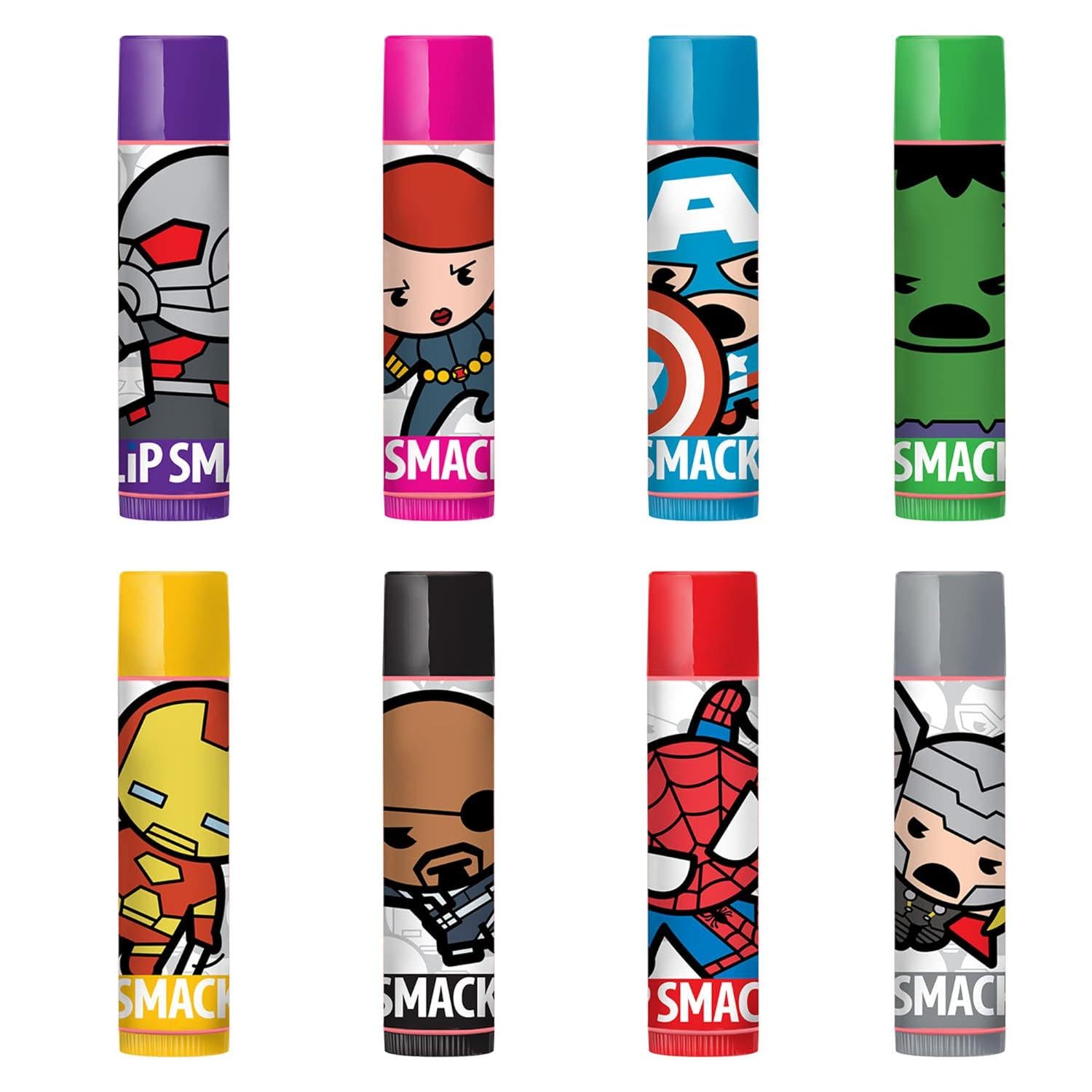 Lip Smacker Marvel Avenger Flavored Lip Balm Party Pack 8 Count, Super Hero, Spirderman, Iron Man, Captain America, Clear, For Kids,