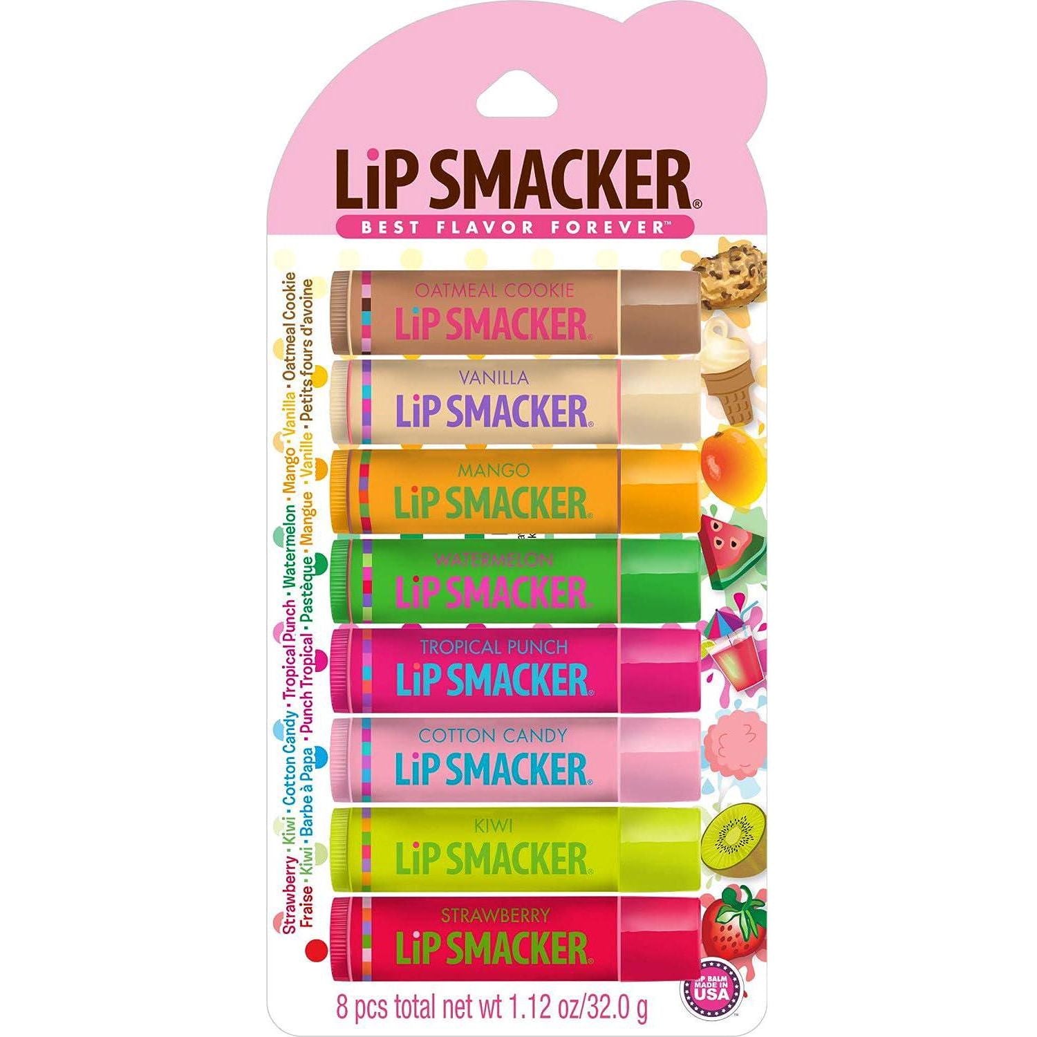 Lip Smacker Original And Best Holiday Flavored Lip Balm Party Pack, Oatmeal Cookie, Vanilla, Mango, Watermelon, Tropical Punch, Cotton Candy, Kiwi, Strawberry, Clear,