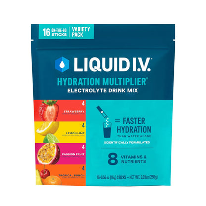 Liquid I.V. Liquid I.V. Hydration Multiplier - Variety Pack - Lemon Lime, Passion Fruit, Strawberry, Tropical Punch | Electrolyte Powder Drink Mix | 1 Pack (16 Servings)