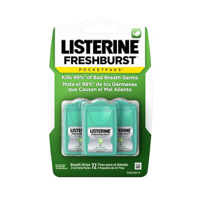 Listerine Freshburst PocketPaks Breath Freshener Strips, Kills 99% of Germs, Portable & On-the-Go, 3 x 24 Strips