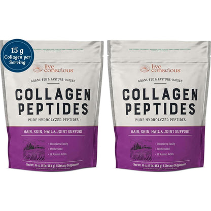 Live Conscious Collagen Peptides Powder, Hair, Skin, Nail & Joint Support, Type I & III Collagen, 16 oz, 2-Pack