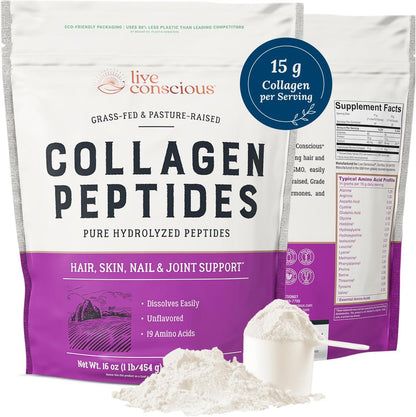 Live Conscious Collagen Peptides Powder, 16oz Type I & III Collagen for Hair, Skin, Nails & Joints Grass-Fed, Hydrolyzed, Women & Men’s Supplement