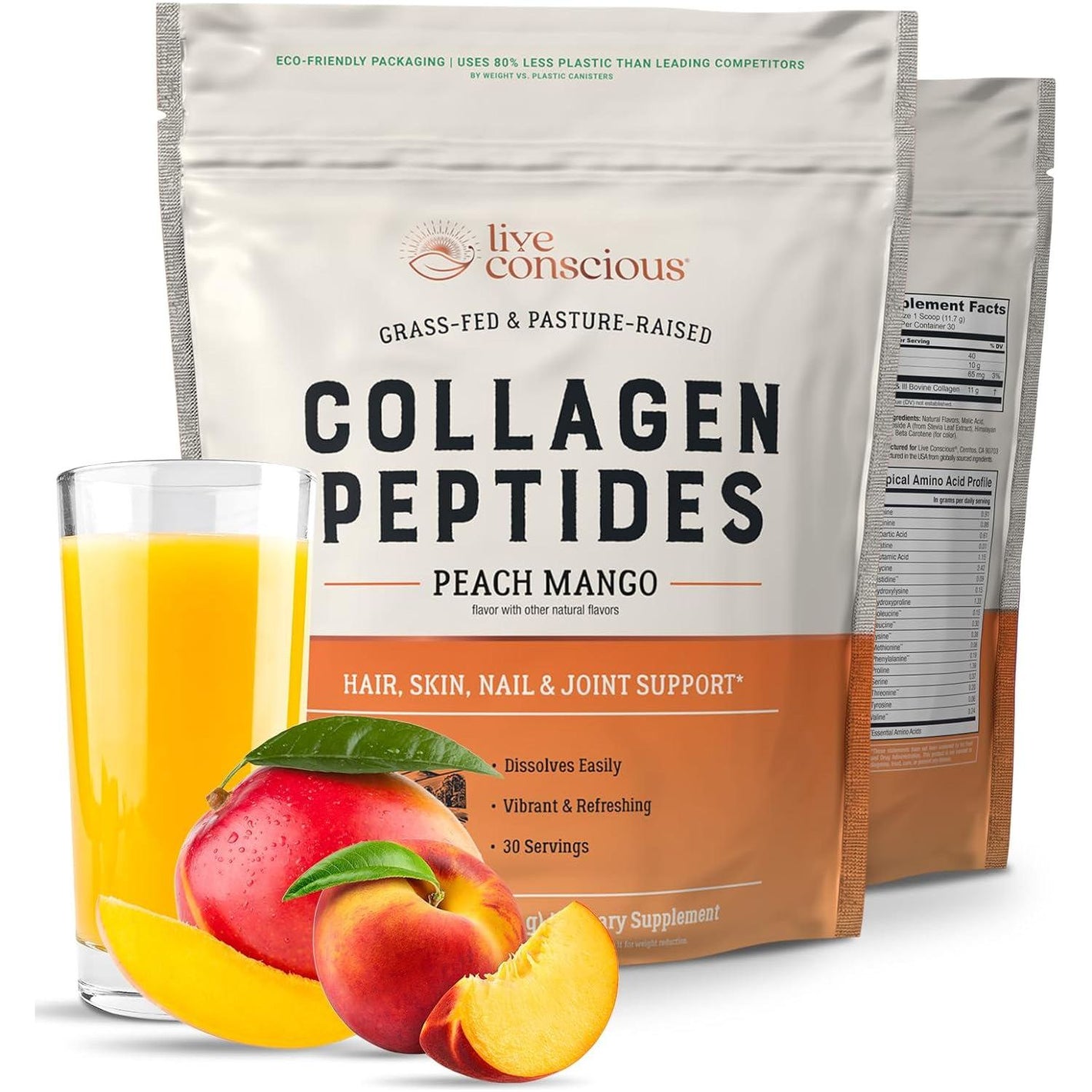 Live Conscious Live Conscious Collagen Peptides Powder - Peach Mango Flavored Collagen Powder - Hair, Skin, Nail, And Joint Support - Type I And III Grass-Fed Collagen Supplements For Women And Men - 30 Serving - 12.4oz