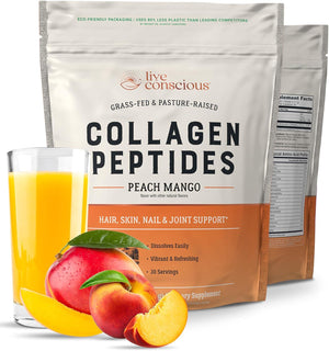 Live Conscious Live Conscious Collagen Peptides Powder - Peach Mango Flavored Collagen Powder - Hair, Skin, Nail, And Joint Support - Type I And III Grass-Fed Collagen Supplements For Women And Men - 30 Serving - 12.4oz