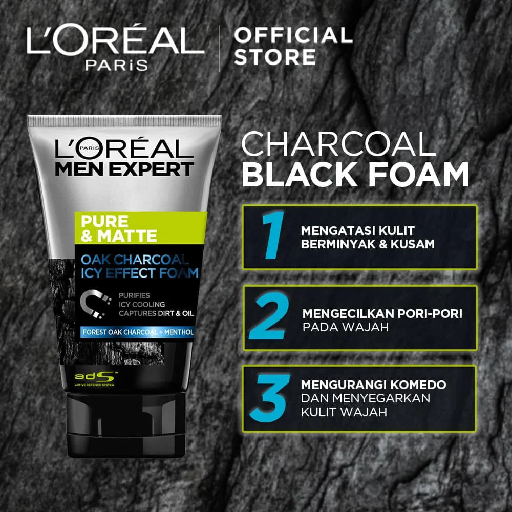 L'Oreal Paris Men Expert Pure & Matte Oak Charcoal Icy Effect Foam Wash 100ml,8992304025556