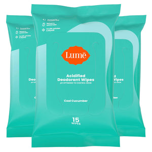 Lume Acidified Deodorant Wipes, 24-Hour Odor Control, Aluminum-Free, Baking Soda-Free, Skin-Loving, Cool Cucumber, 15 Count Pack of 3