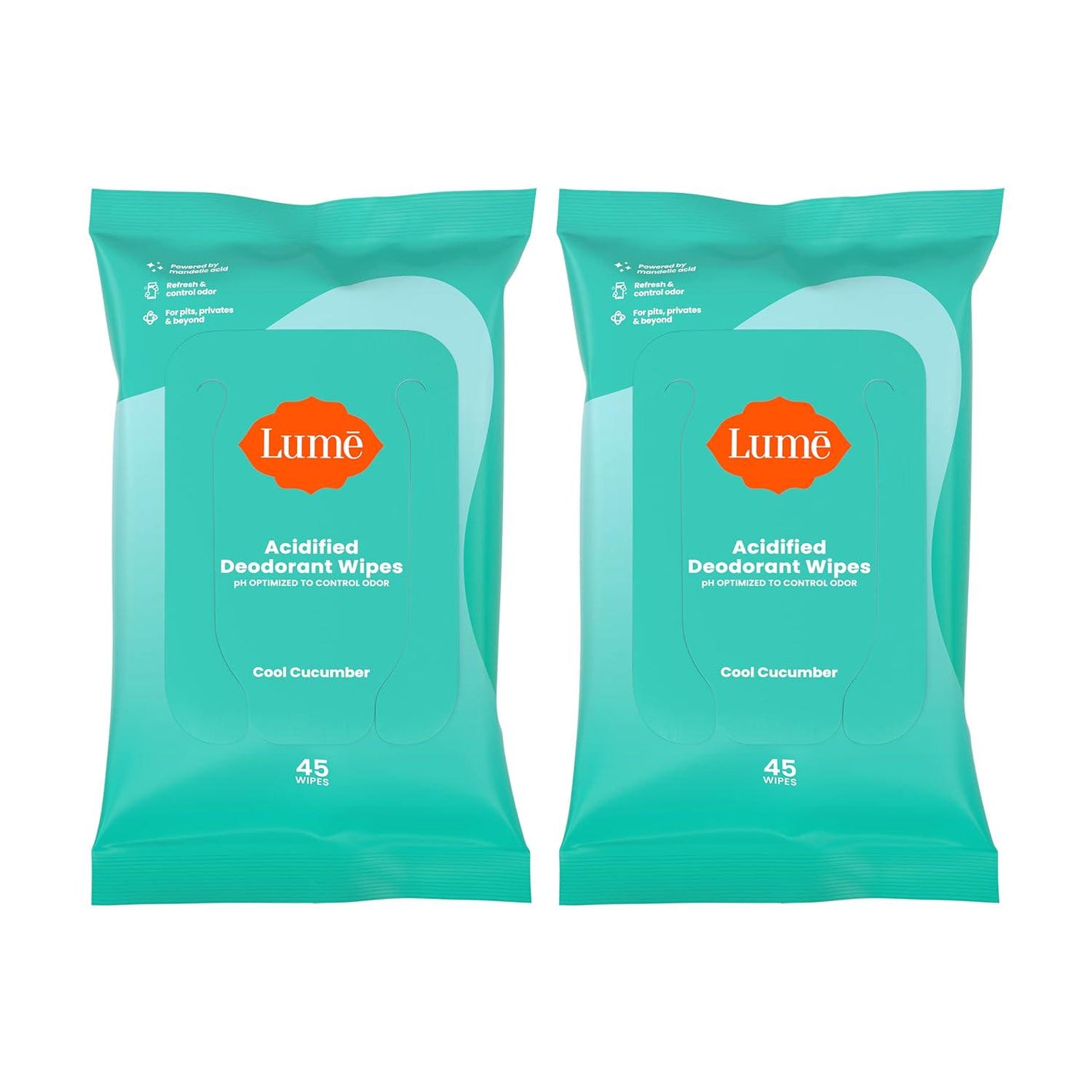 Lume Acidified Deodorant Wipes, 24-Hour Odor Control, Aluminum-Free, Baking Soda-Free, Skin-Loving, Cool Cucumber, 45 Count, Pack of 2