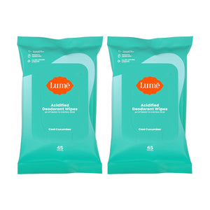 Lume Acidified Deodorant Wipes, 24-Hour Odor Control, Aluminum-Free, Baking Soda-Free, Skin-Loving, Cool Cucumber, 45 Count, Pack of 2