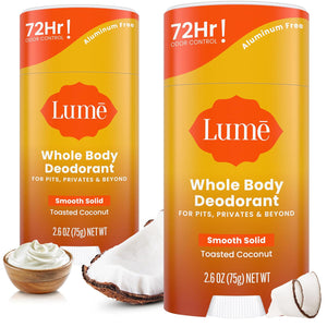 Lume Lume Whole Body Deodorant - Smooth Solid Stick - 72 Hour Odor Control - Aluminum Free, Baking Soda Free And Skin Safe - 2.6 Ounce (Pack Of 2) (Toasted Coconut)