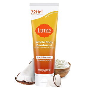 Lume Lume Whole Body Deodorant - Invisible Cream Tube - 72 Hour Odor Control - Aluminum Free, Baking Soda Free, Skin Safe - 3.0 Ounce (Toasted Coconut)