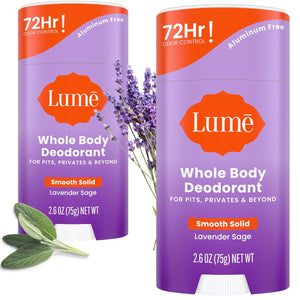 Lume Lume Whole Body Deodorant - Smooth Solid Stick - 72 Hour Odor Control - Aluminum Free, Baking Soda Free And Skin Safe - 2.6 Ounce (Pack Of 2) (Lavender Sage)