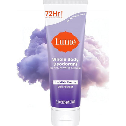 Lume Whole Body Deodorant - Invisible Cream Tube - 72 Hour Odor Control - Aluminum Free, Baking Soda Free, Skin Safe - 3.0 Ounce (Soft Powder)