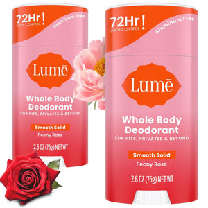 Lume Lume Whole Body Deodorant - Smooth Solid Stick - 72 Hour Odor Control - Aluminum Free, Baking Soda Free And Skin Safe - 2.6 Ounce (Pack Of 2) (Peony Rose)