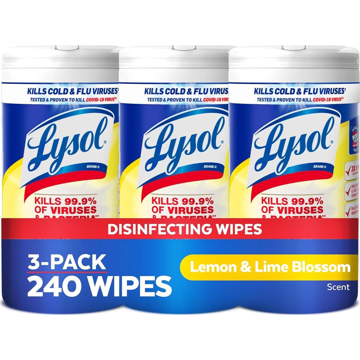 Lysol Disinfectant Wipes, Multi-Surface Antibacterial Cleaning Wipes for Disinfecting & Cleaning, Lemon & Lime Blossom Scent, 80 Count, Pack of 3