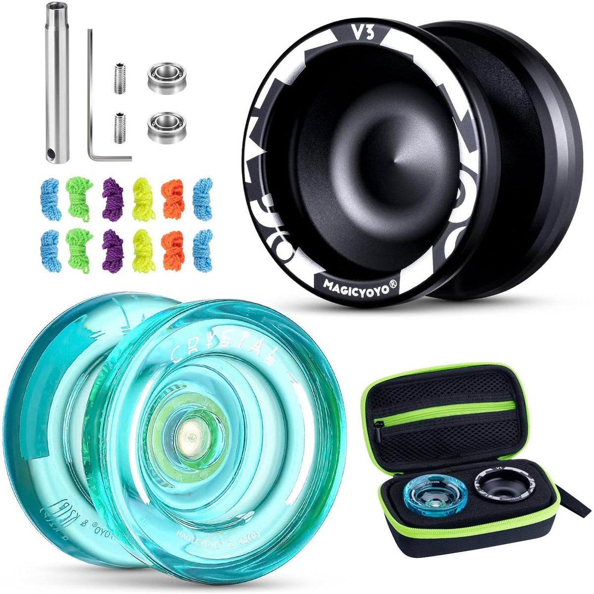 MAGICYOYO Professional Pack Of 2 Yoyos V3+K2, Responsive Yoyo For Kids Beginner, Dual Purpose Trick Yoyo With Unresponsive Yoyo Bearing For Adults/Advanced+Extra Yo-yo Case + 12 Yoyo Strings,