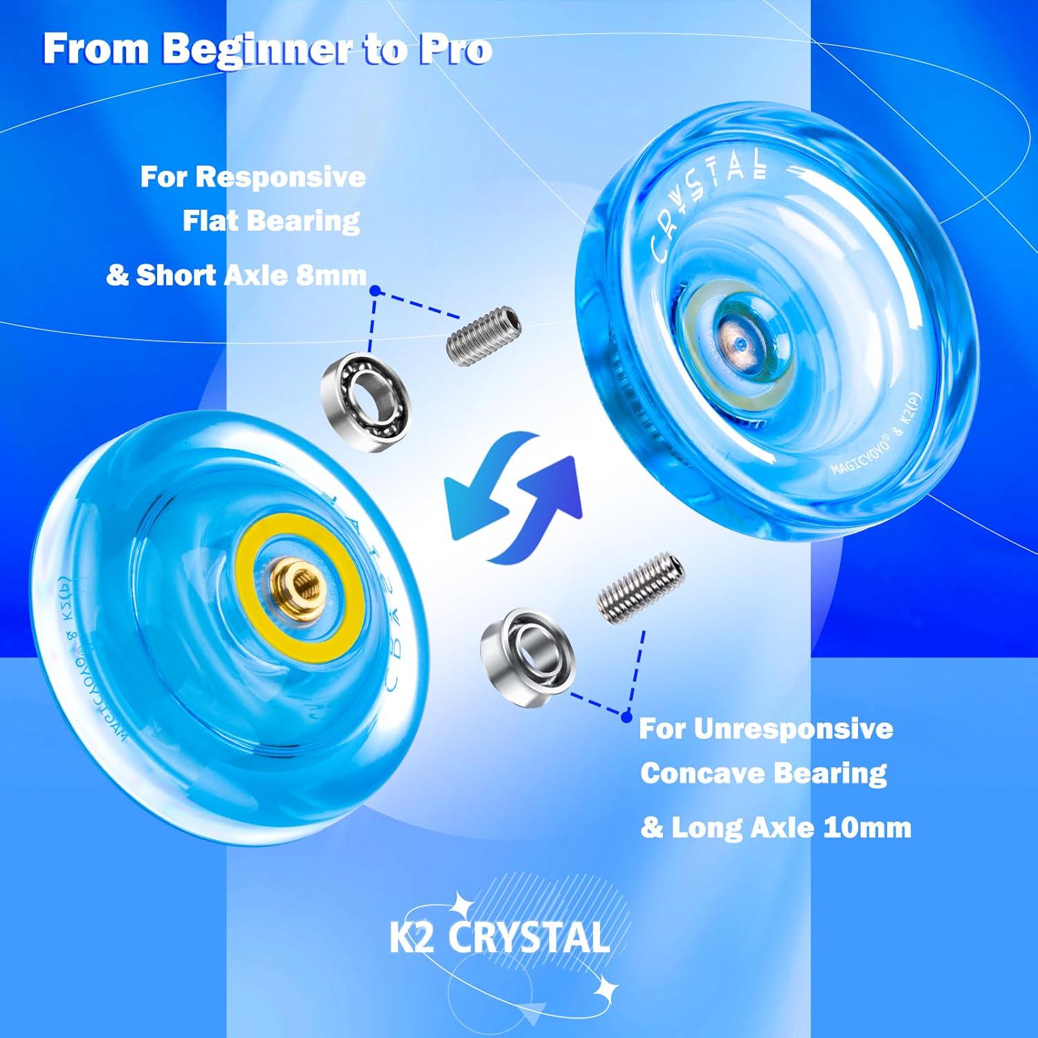 MAGICYOYO Professional Crystal Yoyo K2, Responsive Yoyo For Kids, Plastic Yoyo Professional Beginner Yo Yo With Unresponsive Yoyo Bearing For Intermediate + 12 Yo-yo Strings+Yo Yo Bag (Crystal Blue),