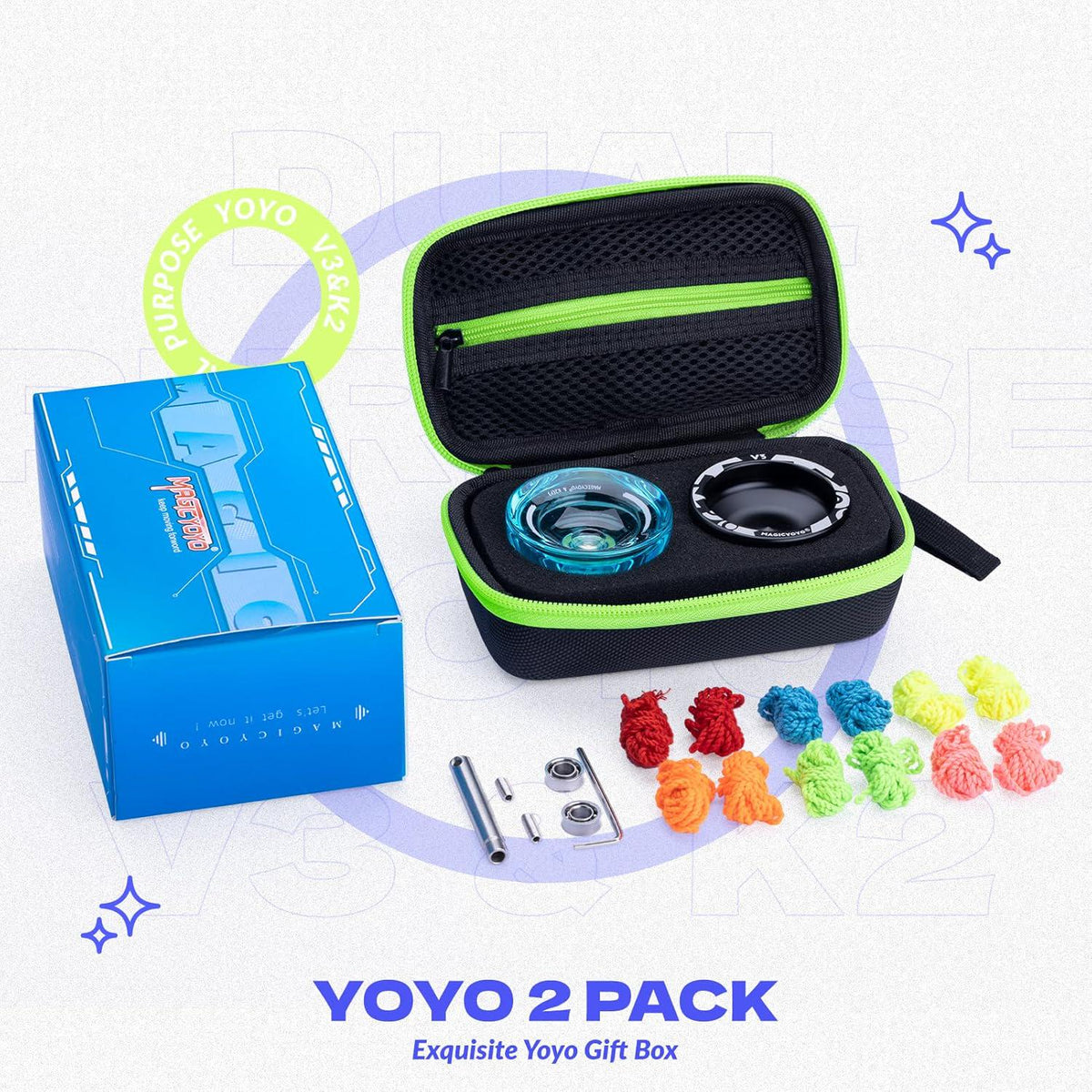MAGICYOYO Professional Pack Of 2 Yoyos V3+K2, Responsive Yoyo For Kids Beginner, Dual Purpose Trick Yoyo With Unresponsive Yoyo Bearing For Adults/Advanced+Extra Yo-yo Case + 12 Yoyo Strings,