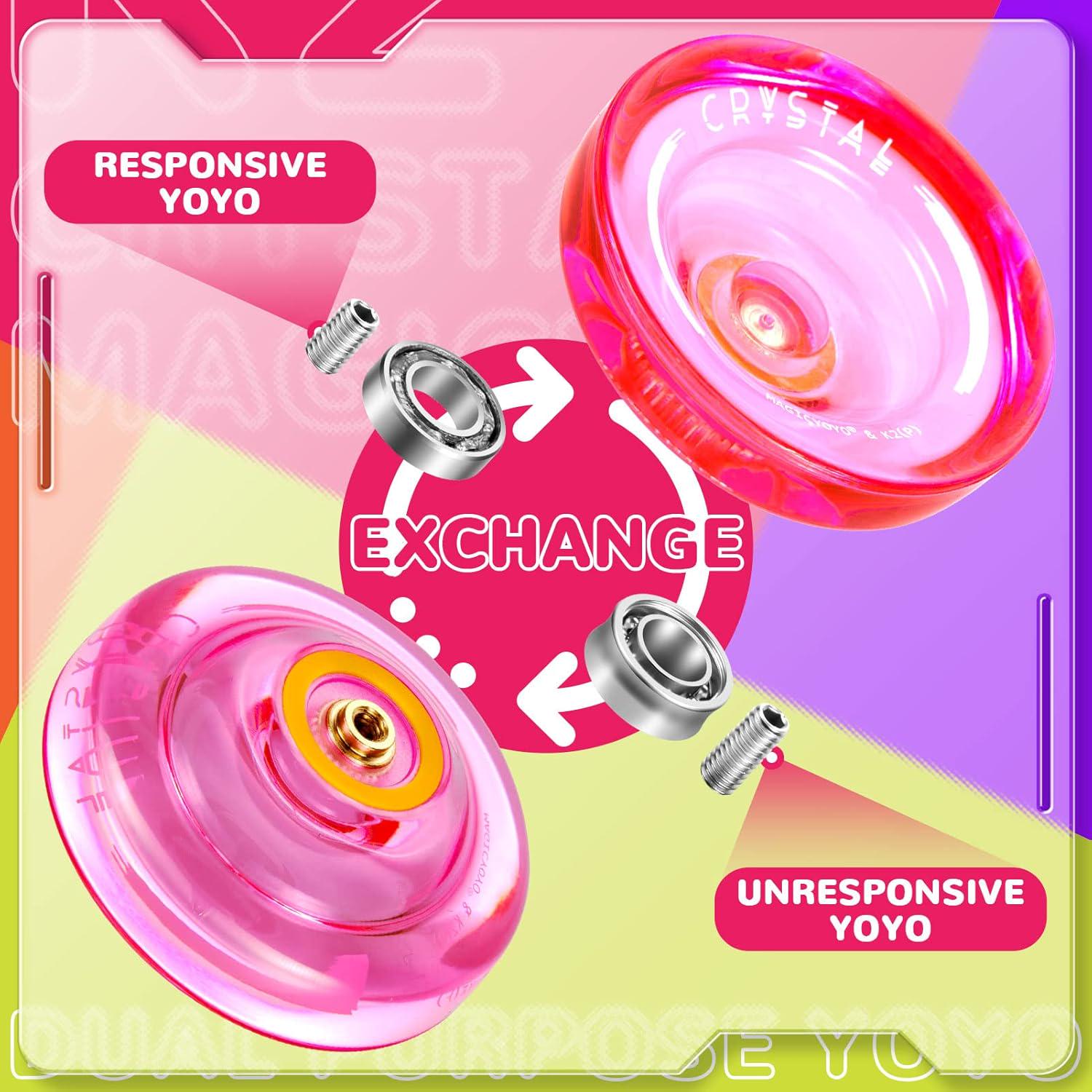 MAGICYOYO Responsive Yoyo K2 Crystal Yoyo For Kids, 3 Pack Professional Yoyo For Kids Beginner, Dual Purpose Plastic Yo Yos For Adults With Unresponsive Bearing + Accessories (Pink + Yellow + White),