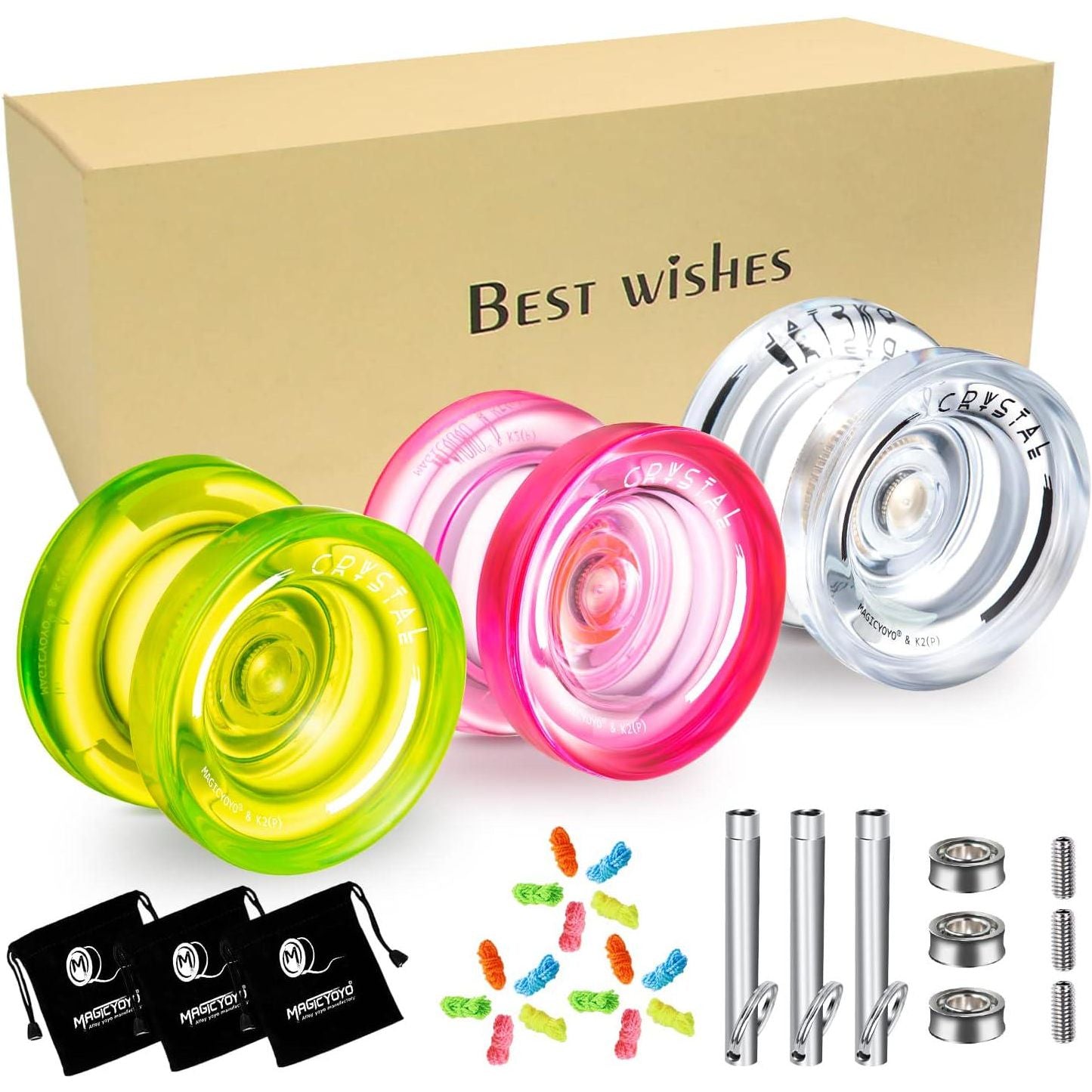 MAGICYOYO Responsive Yoyo K2 Crystal Yoyo For Kids, 3 Pack Professional Yoyo For Kids Beginner, Dual Purpose Plastic Yo Yos For Adults With Unresponsive Bearing + Accessories (Pink + Yellow + White),