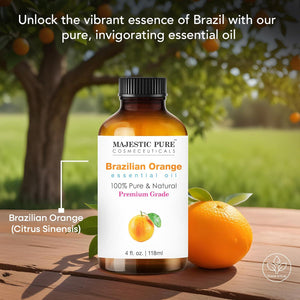 Majestic Pure Brazilian Orange Essential Oil, 100% Pure & Natural, Premium Grade, 4oz for Hair, Skin, Aromatherapy, Massage & Diffusers