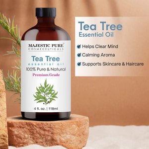 Majestic Pure Tea Tree Essential Oil with Glass Dropper, 100% Pure & Natural, Premium Grade Essential Oils for Diffusers, Skin, Aromatherapy, Massage, 4oz