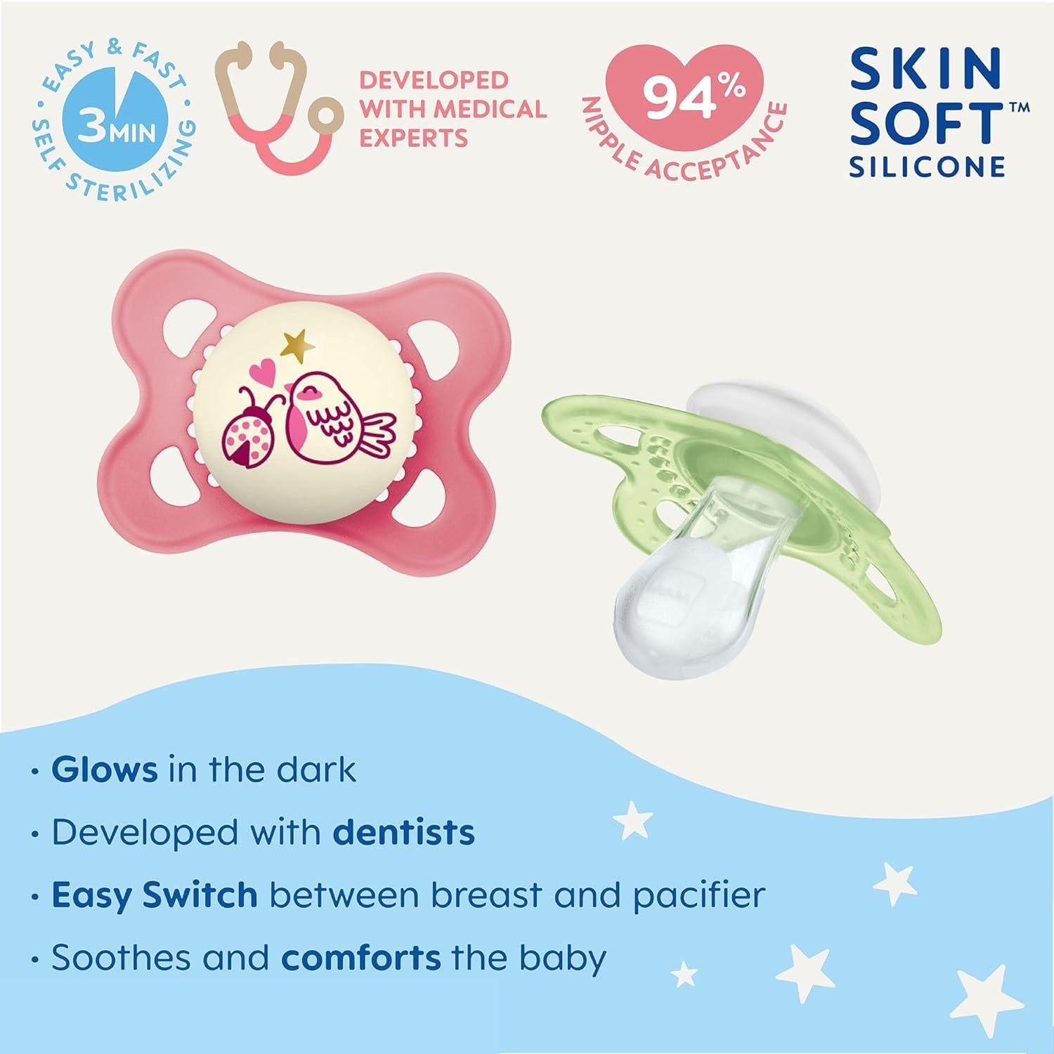 MAM Day And Night Pacifiers, Glow In The Dark Pacifier For Breastfed Babies, 0-6 Months, Baby Girl,