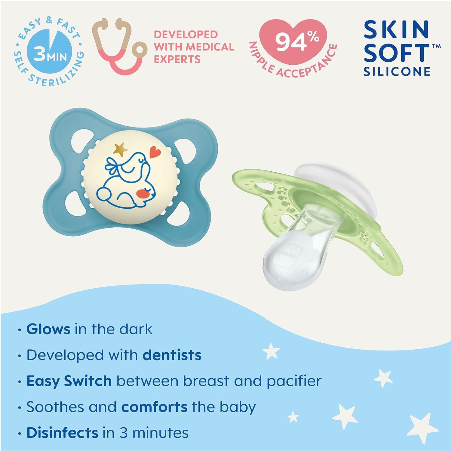 MAM Night Pacifiers 0-6 Months, Best For Breastfed Babies, Glow In The Dark, Baby Boy, 2 Count,