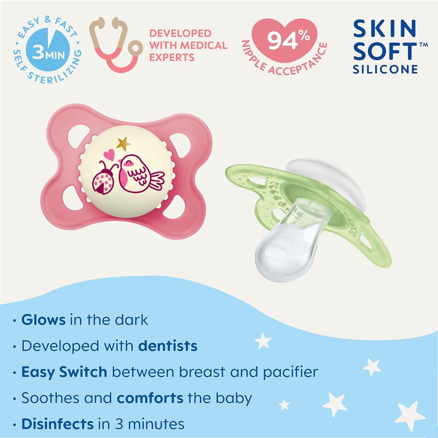 MAM Night Pacifiers (2 Pack, 1 Sterilizing Pacifier Case), MAM Pacifiers 0-6 Months, Best Pacifier For Breastfed Babies, Glow In The Dark Pacifier, Baby Girl Pacifier,