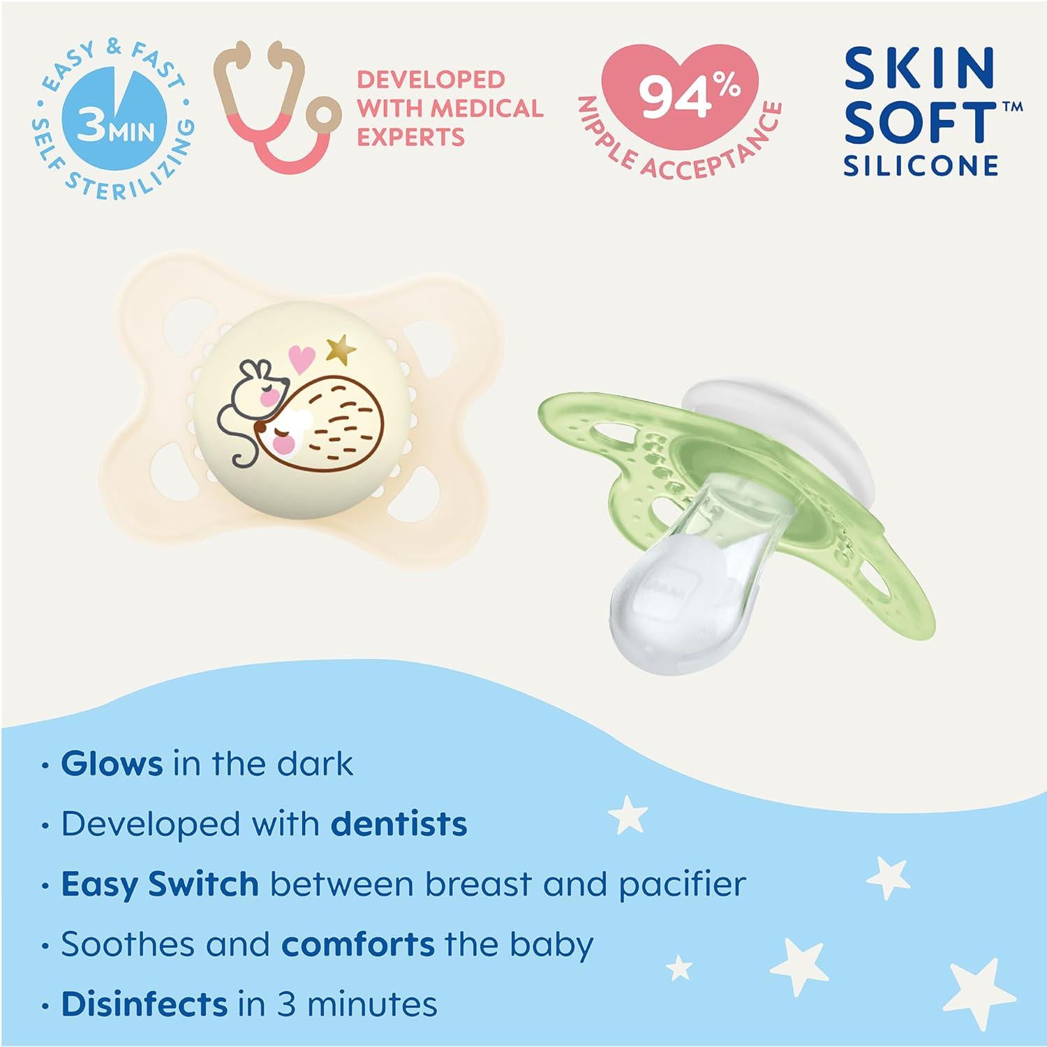 MAM Night Pacifiers (2 Pacifiers And Sterilizing Box), MAM Pacifiers 0-6 Months, Best Pacifier For Breastfed Babies, Unisex, Glow In The Dark Pacifier,
