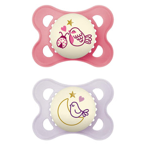 MAM Night Pacifiers (2 Pack, 1 Sterilizing Pacifier Case), MAM Pacifiers 0-6 Months, Best Pacifier For Breastfed Babies, Glow In The Dark Pacifier, Baby Girl Pacifier,