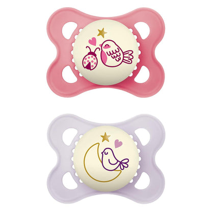 MAM Night Pacifiers (2 Pack, 1 Sterilizing Pacifier Case), MAM Pacifiers 0-6 Months, Best Pacifier For Breastfed Babies, Glow In The Dark Pacifier, Baby Girl Pacifier,
