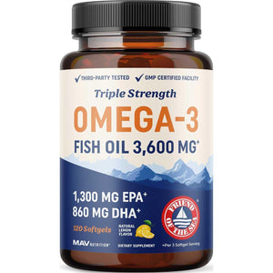 MAV Nutrition Omega-3 Fish Oil, Triple Strength, 3,600mg, Burpless, Non-GMO, NSF Certified, 120 Count