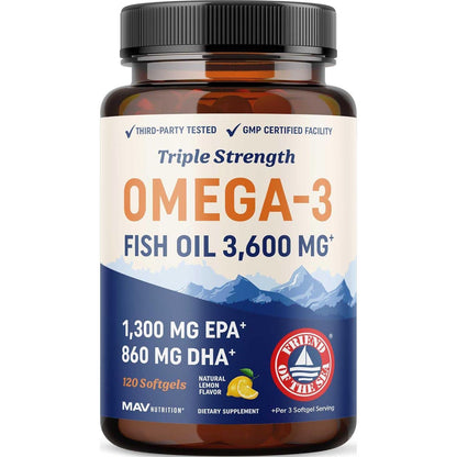 MAV Nutrition Omega-3 Fish Oil, Triple Strength, 3,600mg, Burpless, Non-GMO, NSF Certified, 120 Count