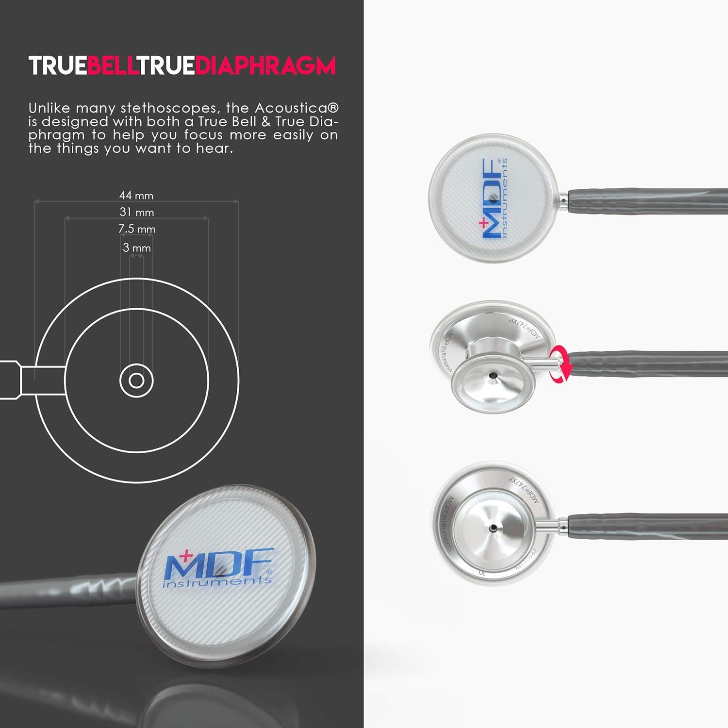 MDF Instruments, Acoustica Lightweight Stethoscope For Doctors, Nurses, Students, Home Health Use, Adult, Dual Head, Grey Tube, Silver Chestpiece-Headset, MDF747XP12,