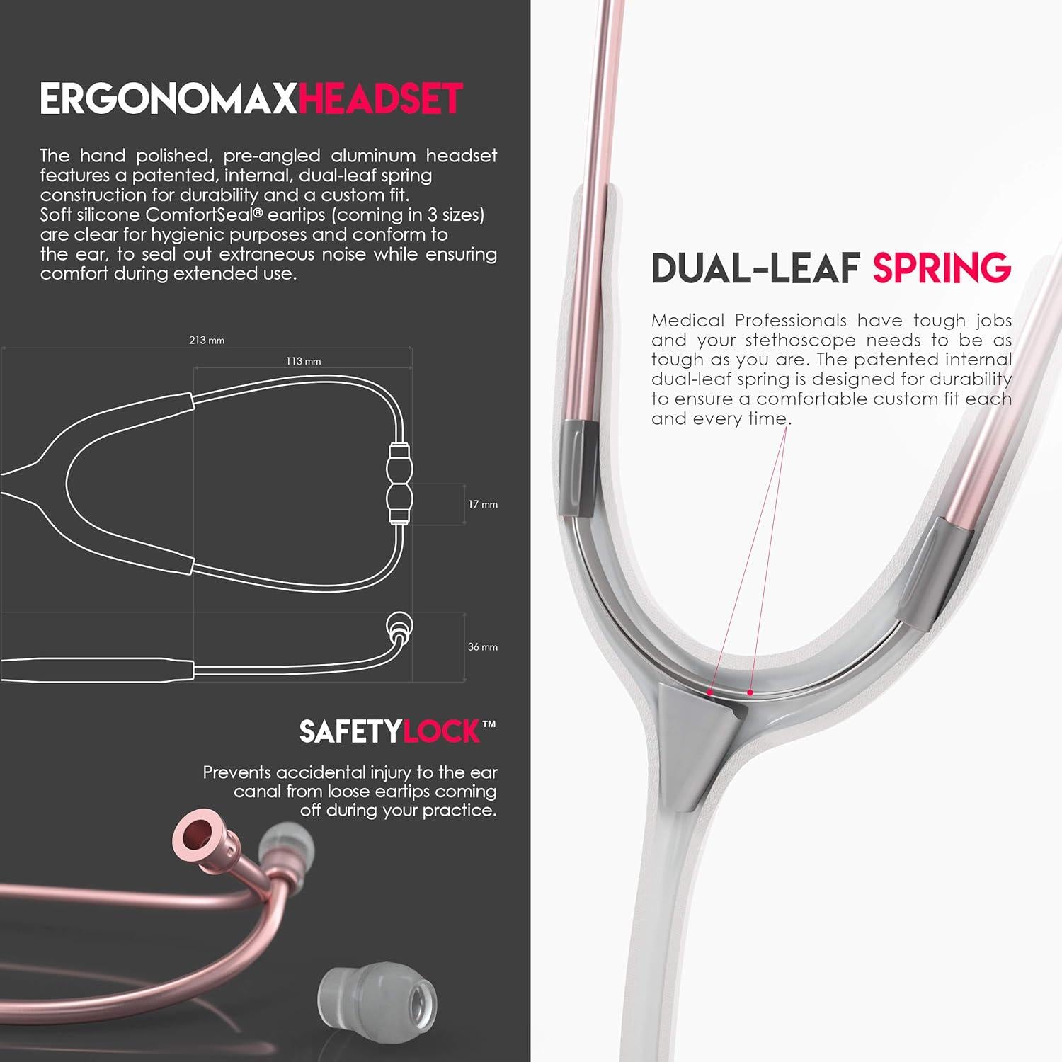 MDF Instruments, Acoustica Lightweight Stethoscope For Doctors, Nurses, Students, Home Health Use, Adult, Dual Head, White Tube, Rosegold (Matte Finish) Chestpiece-Headset, MDF747XPRG29,