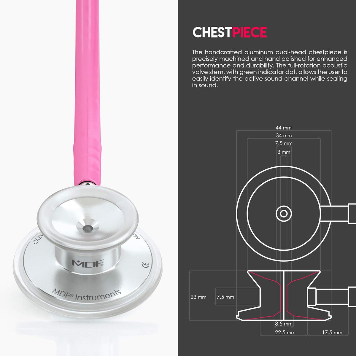 MDF Instruments, Acoustica Lightweight Stethoscope For Doctors, Nurses, Students, Home Health Use, Adult, Dual Head, Fuchsia Tube, Silver Chestpiece-Headset, MDF747XP32,