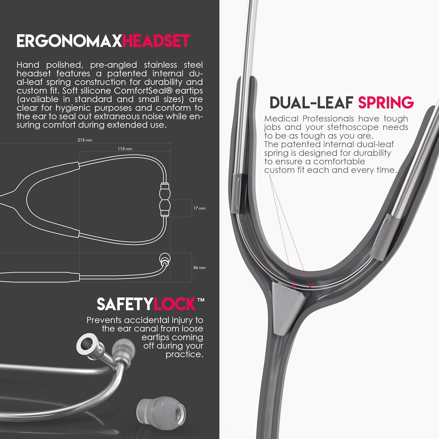 MDF Instruments, Acoustica Lightweight Stethoscope For Doctors, Nurses, Students, Home Health Use, Adult, Dual Head, Grey Tube, Silver Chestpiece-Headset, MDF747XP12,