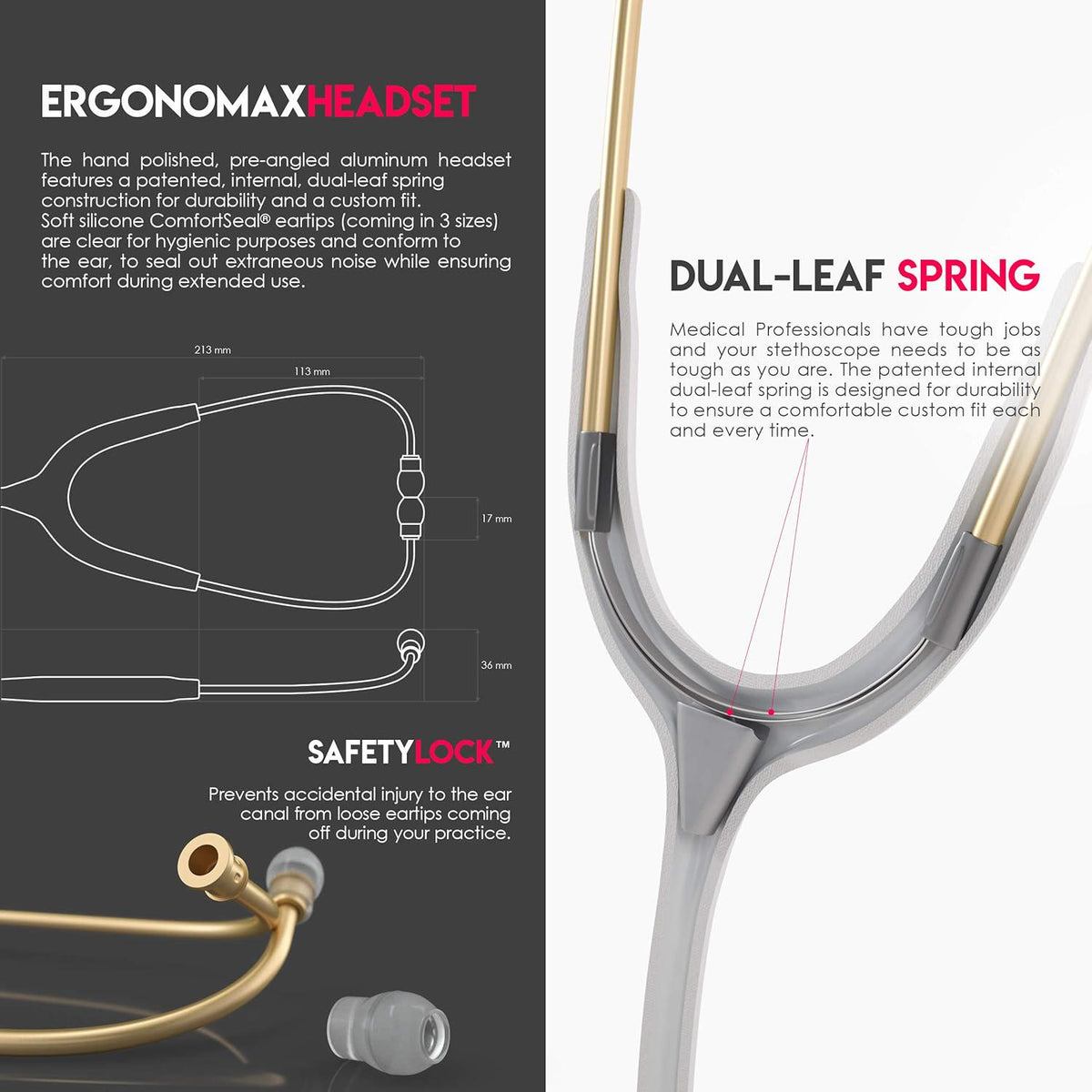 MDF Instruments, Acoustica Lightweight Stethoscope For Doctors, Nurses, Students, Home Health Use, Adult, Dual Head, White Tube, Gold Chestpiece-Headset, MDF747XPK29,