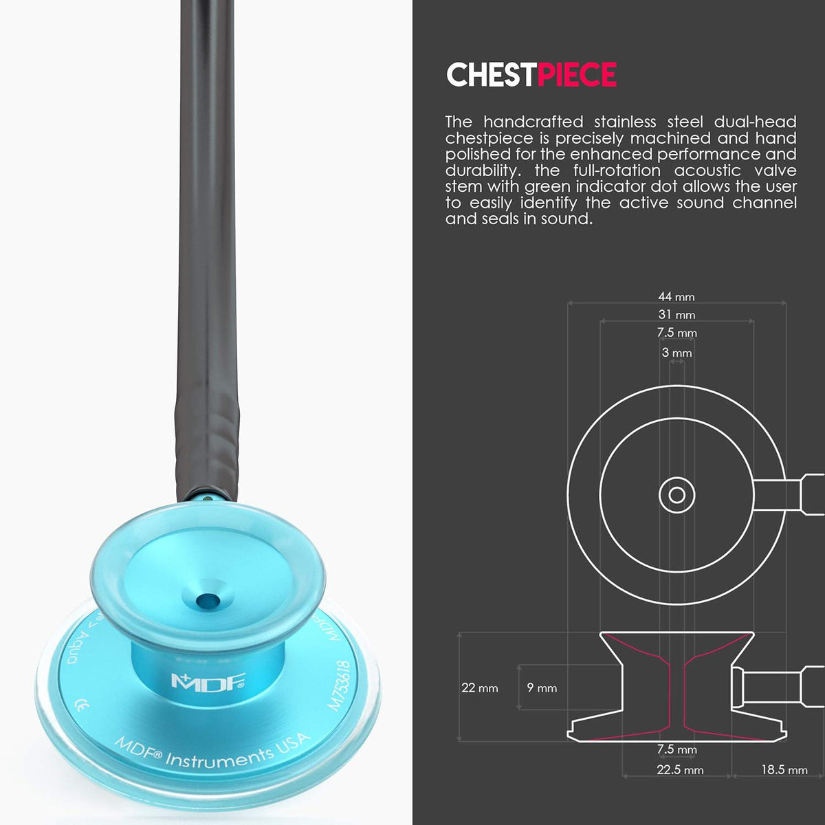 MDF Instruments, Acoustica Lightweight Stethoscope For Doctors, Nurses, Students, Home Health Use, Adult, Dual Head, Black Tube, Aqua Chestpiece-Headset, MDF747XPAQ11,