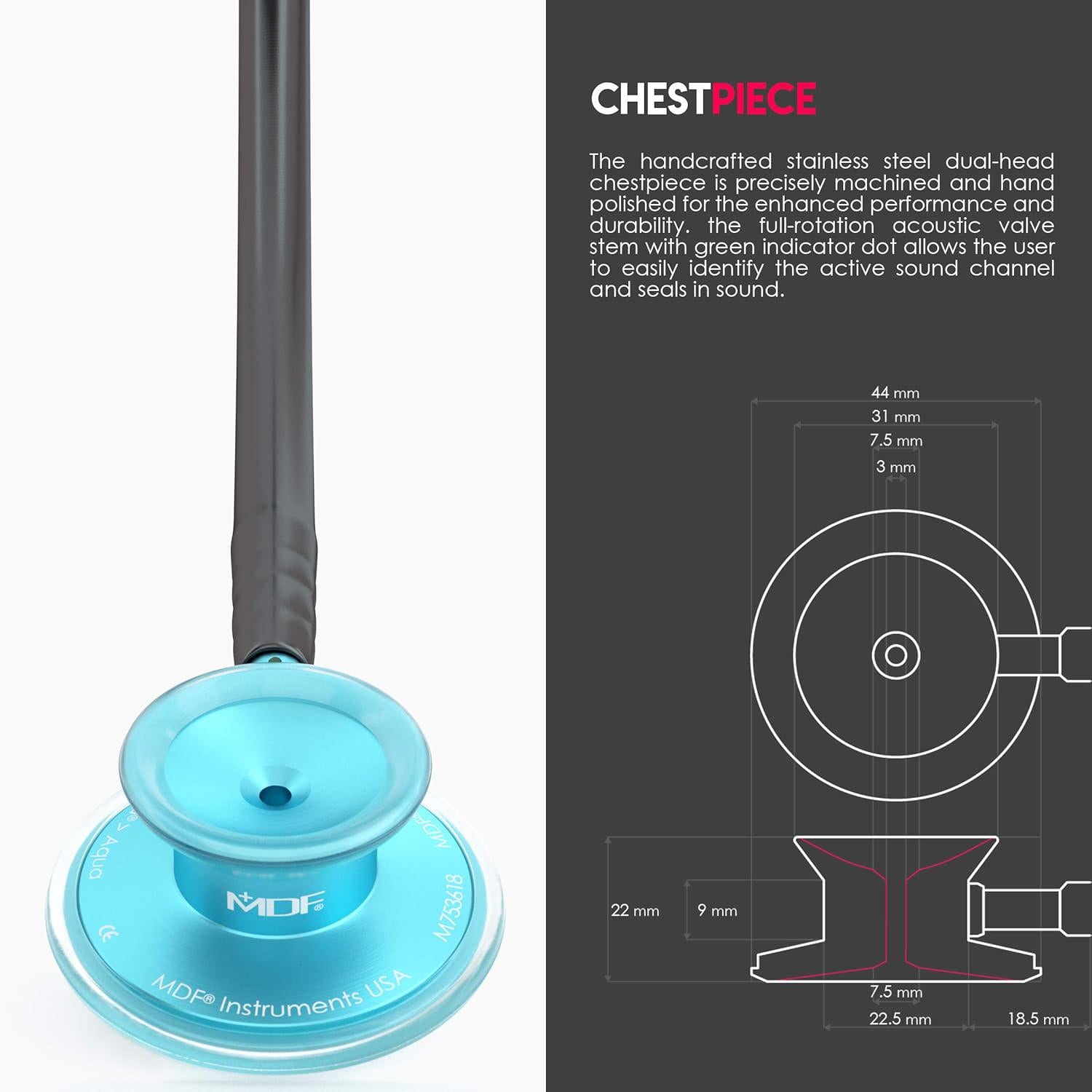 MDF Instruments, Acoustica Lightweight Stethoscope For Doctors, Nurses, Students, Home Health Use, Adult, Dual Head, Black Tube, Aqua Chestpiece-Headset, MDF747XPAQ11,