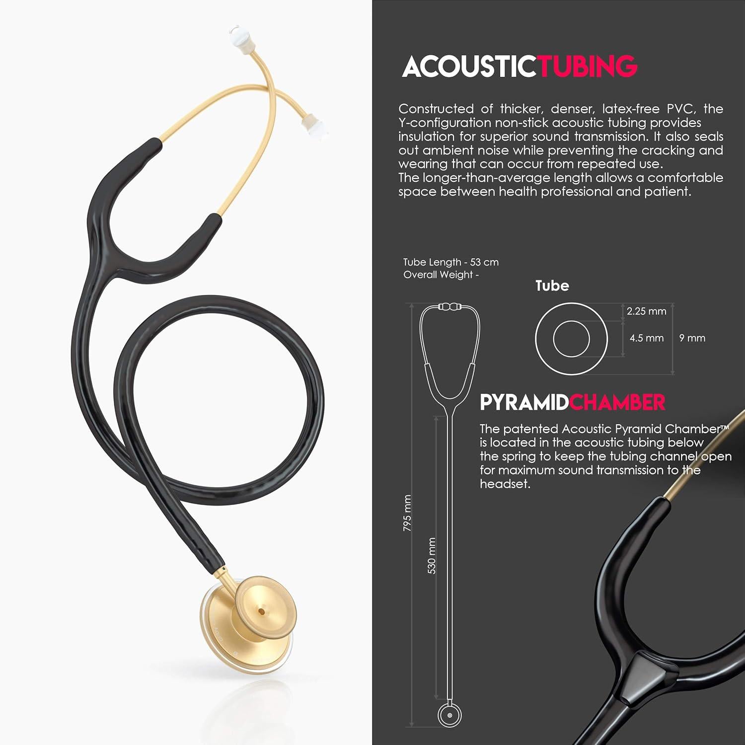 MDF Instruments, Acoustica Lightweight Stethoscope For Doctors, Nurses, Students, Home Health Use, Adult, Dual Head, Black Tube, Gold Chestpiece-Headset, MDF747XPK11,