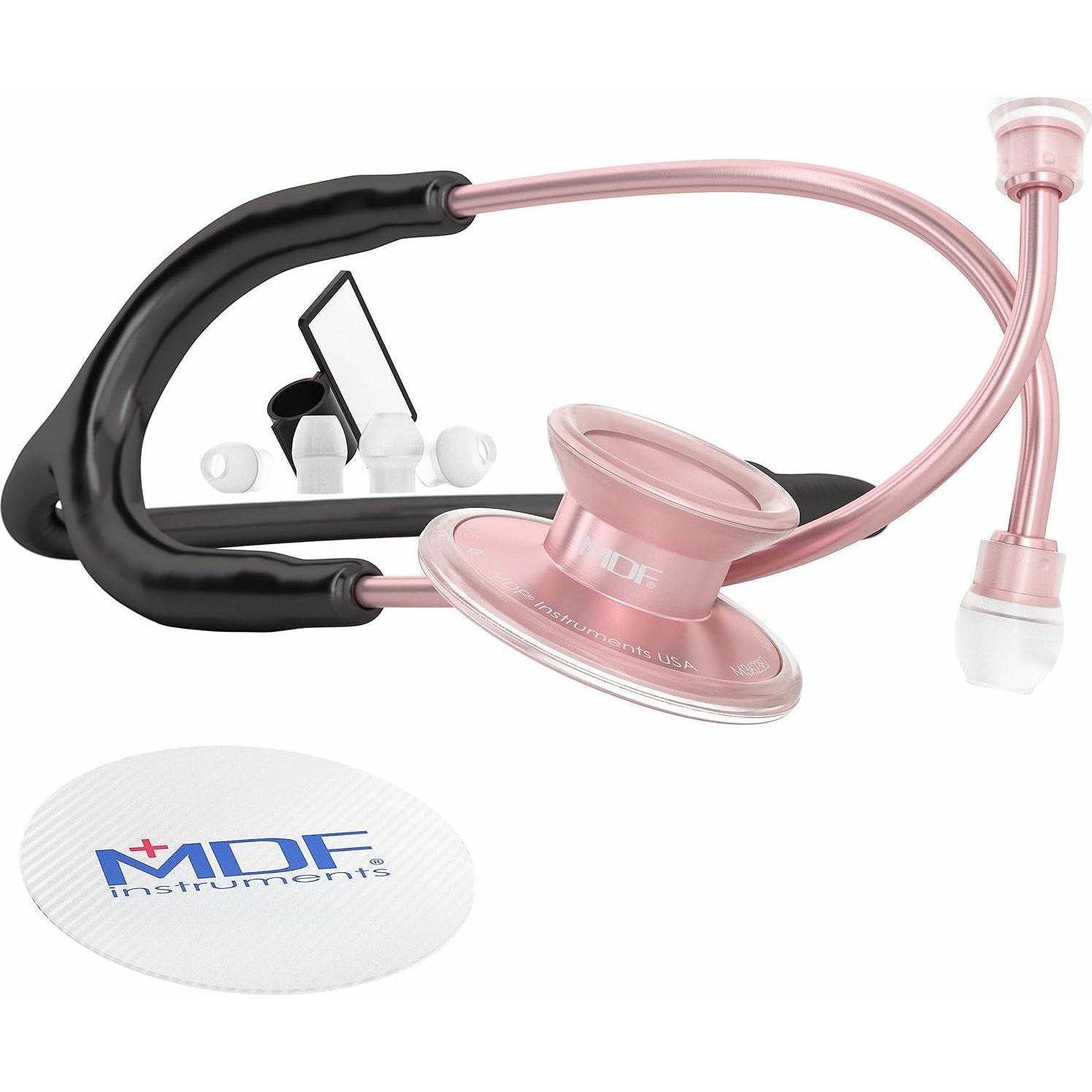 MDF Instruments, Acoustica Lightweight Stethoscope For Doctors, Nurses, Students, Home Health Use, Adult, Dual Head, Black Tube, Rosegold (Matte Finish) Chestpiece-Headset, MDF747XPRG11,
