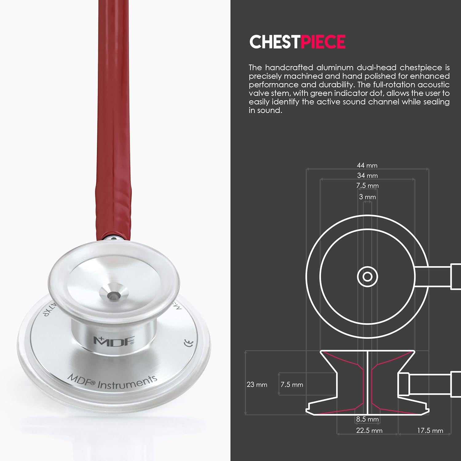 MDF Instruments, Acoustica Lightweight Stethoscope For Doctors, Nurses, Students, Home Health Use, Adult, Dual Head, Burgundy Tube, Silver Chestpiece-Headset, MDF747XP17,