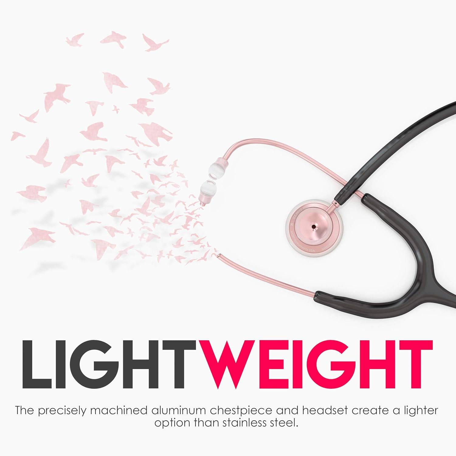 MDF Instruments, Acoustica Lightweight Stethoscope For Doctors, Nurses, Students, Home Health Use, Adult, Dual Head, Black Tube, Rosegold (Matte Finish) Chestpiece-Headset, MDF747XPRG11,